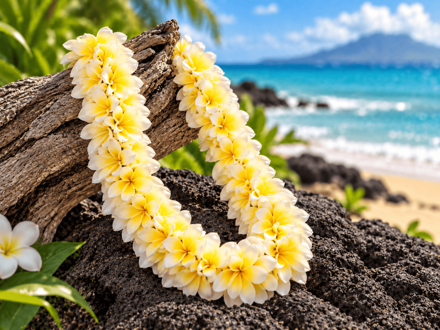Double Plumeria Lei – a sweet, floral-scented lei made with twice the amount of plumeria flowers for a fuller look.
